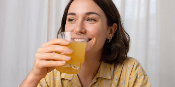 Une jeune femme aux cheveux foncés boit le nu3 Immun Shot mélangé dans un verre et sourit